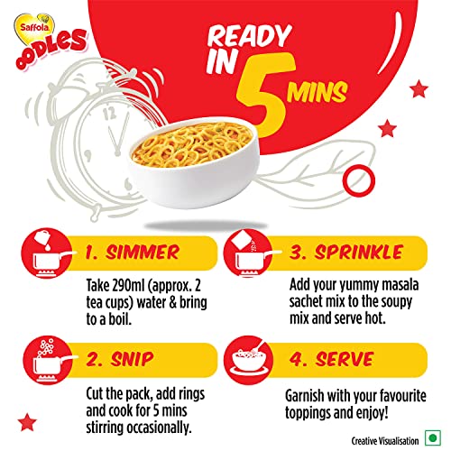 Saffola Oodles, No Maida Oats Noodles, Instant Noodles Packets, Healthy Noodles Masala, Ring Noodles, 212 grams (4 Serves)