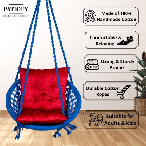 Patiofy Round Cotton Hammock Swing for Adults & Kids/Jhula Swing for Balcony, Indoor, Outdoor, Garden/Capacity Upto 120Kgs/ Includes Free Hanging Accessories/Handmade Hammock Hanging Swing Chair-Blue