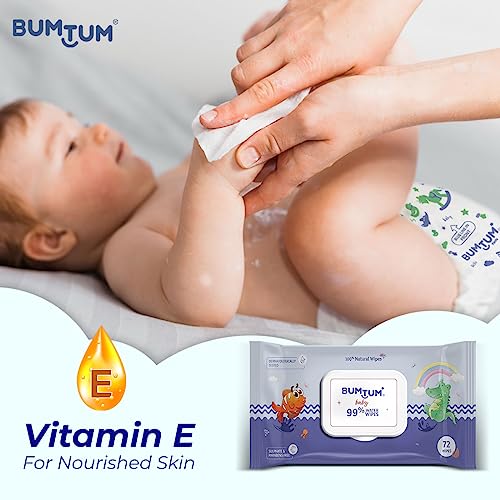 Bumtum Baby Gentle 99% Pure Water Soft Moisturizing Wet Wipes With Lid | Aloe Vera & Chamomile Extracts | Paraben & Sulfate Free (Pack of 3, 72 Pcs. Per Pack)