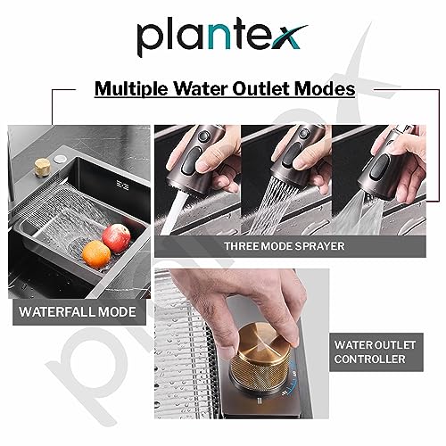 Plantex Fully Equipped Kitchen Sink with Integrated Waterfall and Pull-down Faucets/304 Grade Stainless Steel Sink - Nano Black Finish (30 x 18 Inch)