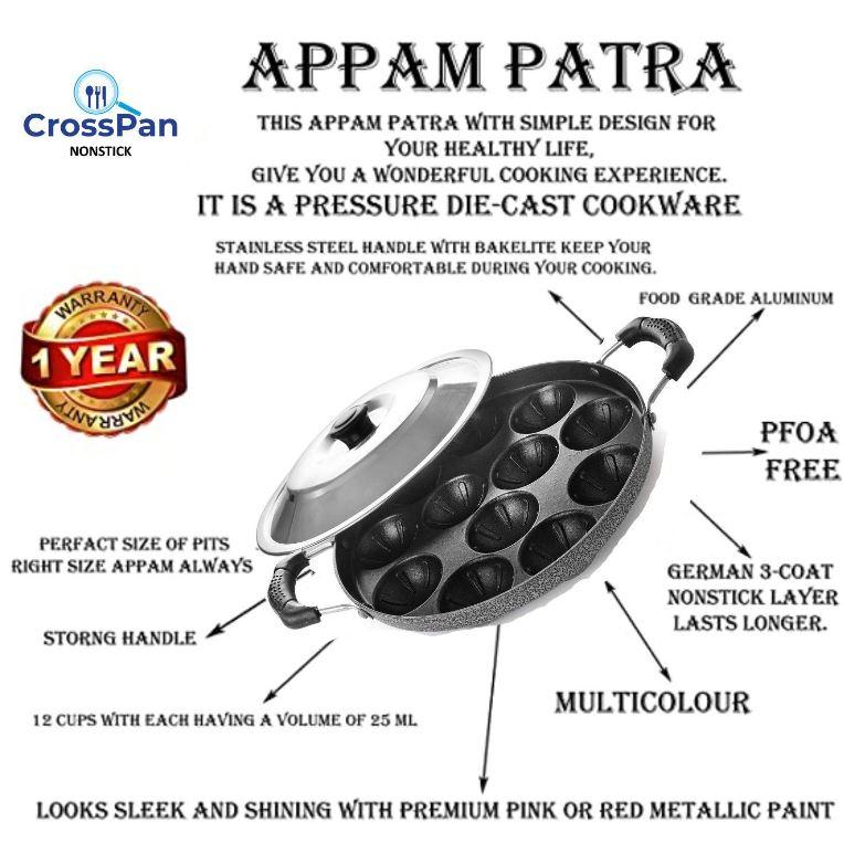 Nonstick Appam Patra (12 Cavity) Paniarakkal with Lid 12 L capacity 21 cm diameter