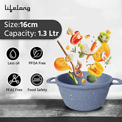 Lifelong Aluminium Die Cast Casserole with Lid 16 CM| 1.3 Litre Capacity| Non-Toxic| Gas Stove Safe | Hot Plate Safe | Scratch Resistant (Grey, LLCKC02)