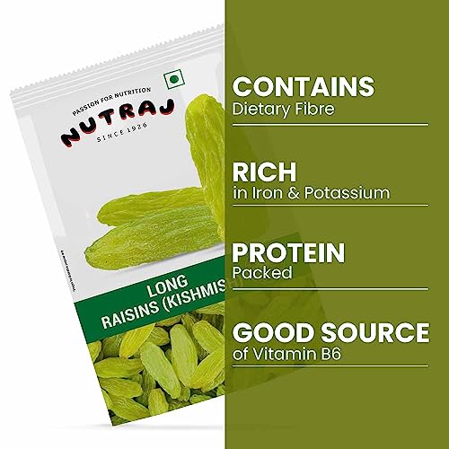 Nutraj Super Long Raisin 1 Kg (500G X 2)| Kishmish | Rich In Iron & Vitamin B | Seedless Green Kishmish | Healthy Snacks | Dry Fruits | Healthy And Tasty Snacks |, Fresh