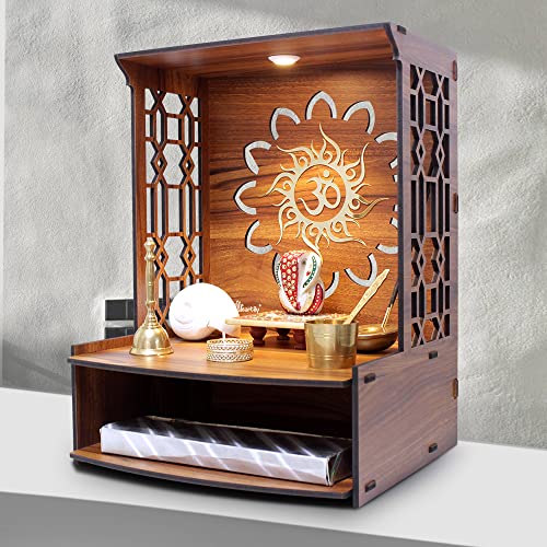 Heartily® Mangal Beautiful Wooden Pooja Stand for Home Pooja Mandir for Home Temple for Home and Office Puja Mandir for Home Wall Mounted with LED Spot Light Size (H- 15.5, L- 11.5, W-11 Inch)