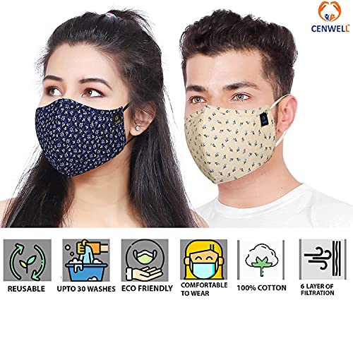 Cenwell 5 Pcs Pure Cotton Face Mask with Nose Pin, Melt Blown Layer, Adjustable Ear Loop & Ear Saver Strap, Reusable, Washable, Breathable Designer Fabric Mask For Men & Women (Multicolour)