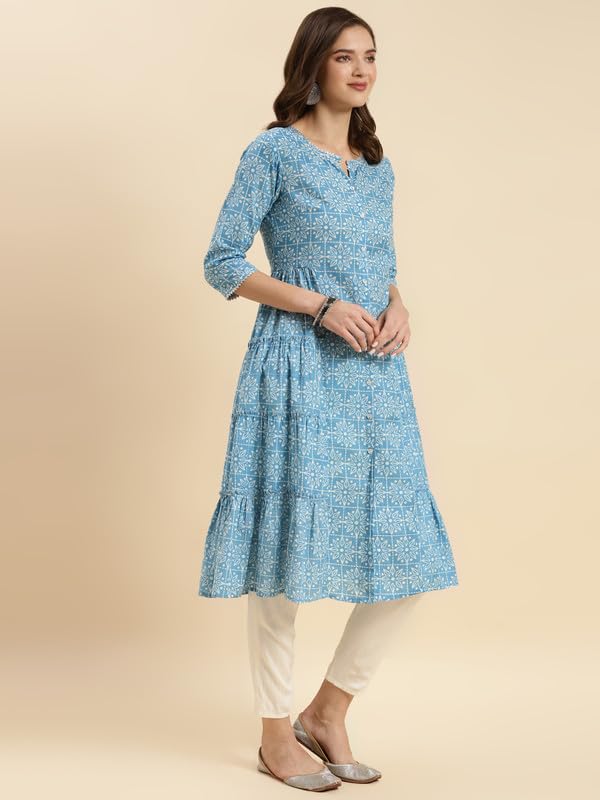 rangita Women Blue Cotton Printed Ankle Length A-line Kurti, M