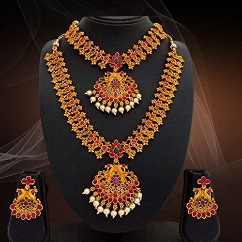 Estele Gold Plated Sublime Devotion Nakshi Antique Necklace Set with Colored Stones & Pearls for Women, Dull Gold