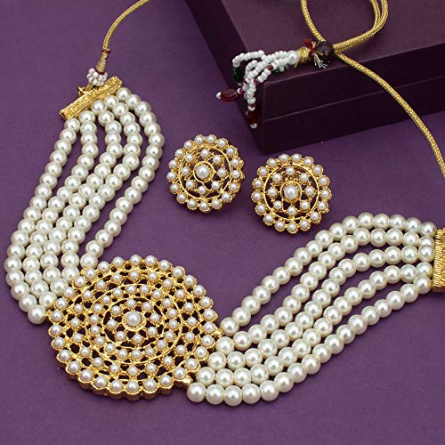 Sukkhi Lavish Gold Plated White Pearl Choker Necklace Set with Stud Earring for Women