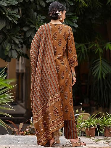 Vaamsi Women's Cotton Blend Floral Printed Straight Kurta Pant with Dupatta (VKSKD1242_Brown_4XL)