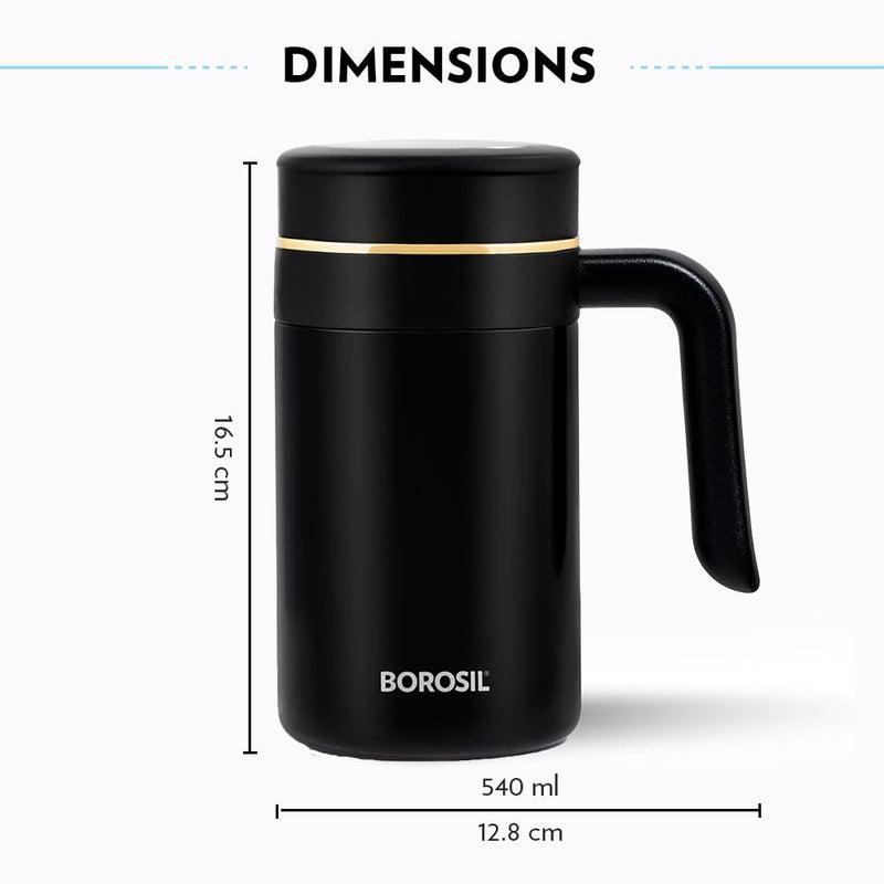 Borosil Hydra Klassic Super Insulated Mug, Vacuum Insulated Travel Coffee/Tea Mug, 8 Hrs Hot and 13 Hrs Cold, Easy to Carry, Leak Proof, 540 ml, Black