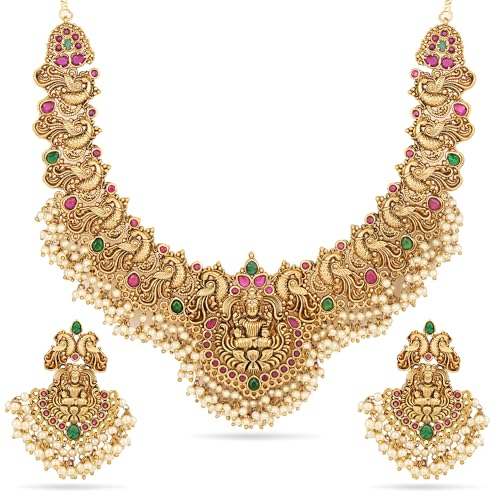 Shining Diva Fashion Latest Stylish Design Fancy Pearl Choker Traditional Temple Necklace Jewellery Set for Women (14822s) (Golden)