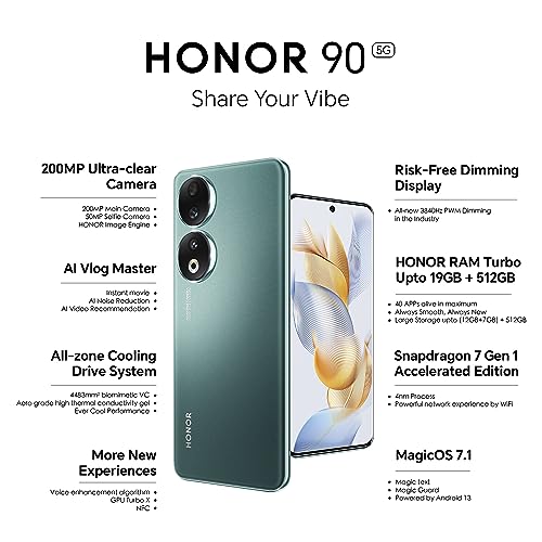 HONOR 90 (Emerald Green, 8GB + 256GB) | India's First Eye Risk-Free Display | 200MP Main & 50MP Selfie Camera | Segment First Quad-Curved AMOLED Screen | Without Charger