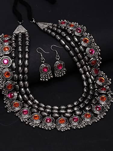 Shining Diva Fashion Latest Stylish Fancy Oxidised Silver Tribal Necklace Jewellery Set for Women (12164s), Multicolour, One