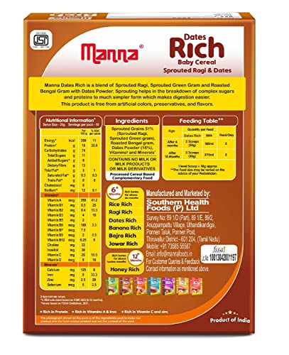 Manna Baby Cereal 200g, Baby Food (6+Months) Sprouted Ragi with Dates Powder 100% Natural Health Mix