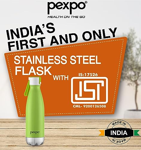 Pexpo Stainless Steel Hot and Cold Vacuum Insulated ISI Certified Flask, 500ml, Green, Espresso | Lightweight & Keeps Drinks Hot/Cold for 24+ Hours