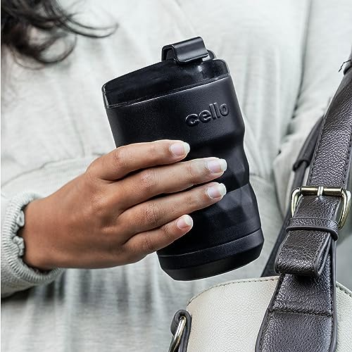 Cello Nomad Stainless Steel Vacum Insulated Flask | Anti-Slip Diamond Grip | Hot & Cold | Leakproof Lid | Easy to Carry | Easy to Clean | Coffee Flask | Travel Flask | 350ml | Black