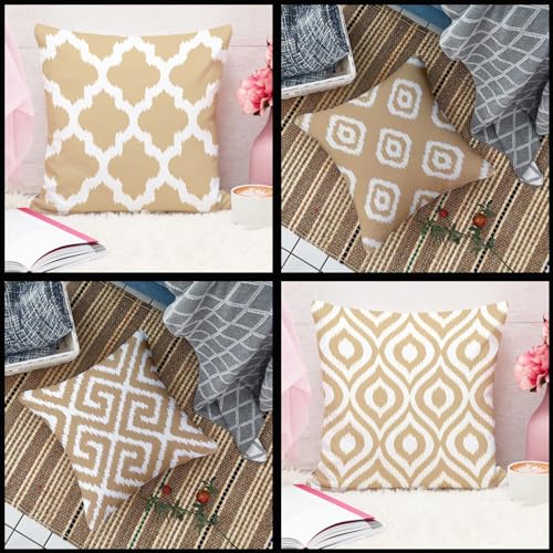 STITCHNEST Beige Geometrical Ikat Ethnic Printed Poly Cotton Cushion Covers, Beige Set of 5 (16 x 16 Inches)