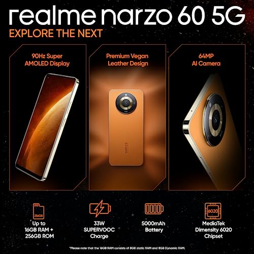 realme narzo 60 5G (Mars Orange,8GB+128GB) 90Hz Super AMOLED Display | Ultra Premium Vegan Leather Design | with 33W SUPERVOOC Charger