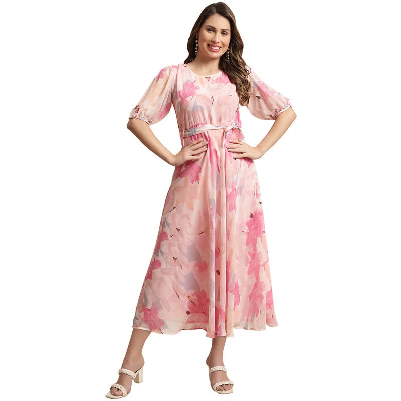 Preneum Women's Georgette a-line Knee-Long Dress Pink