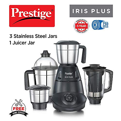 Prestige IRIS Plus 750 W Mixer grinder with 4 Jars (3 stainless steel Jars+ 1 Juicer Jar)| 4 Super efficient stainless blades | 2 years warranty| Black