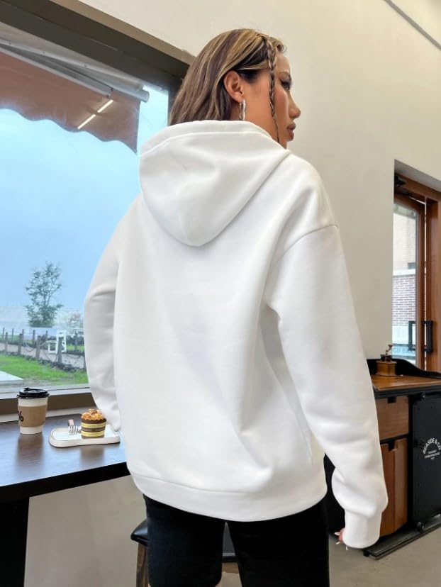 KSHS Cotton Fleece Oversized Loose Fit Hooded Sweatshirt Full Sleeves Cool & Stylish Graphic Printed Jumper Sweatshirt Winter Wear for Women (White)