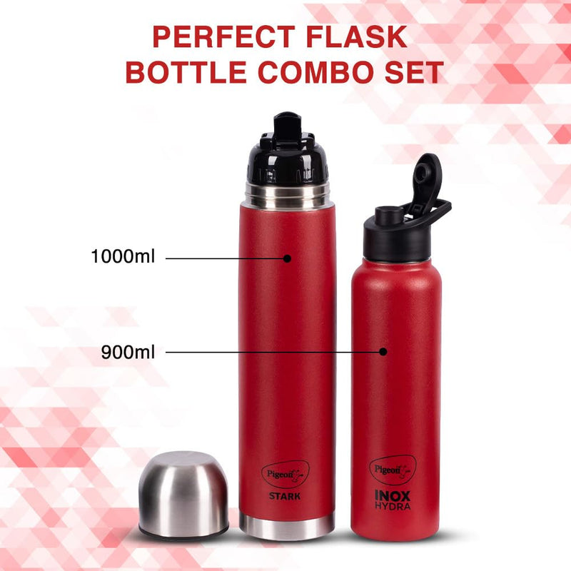 Pigeon by Stovekraft Therminox Stark Plus Vacuum Insulated Flask 1000ml Red + INOX Hydra Red Single Walled Fridge Bottle 900ml Bottle Combo, (Red)|Leak Proof|Kitchen|Travel|Office|Gym|Home|Hiking