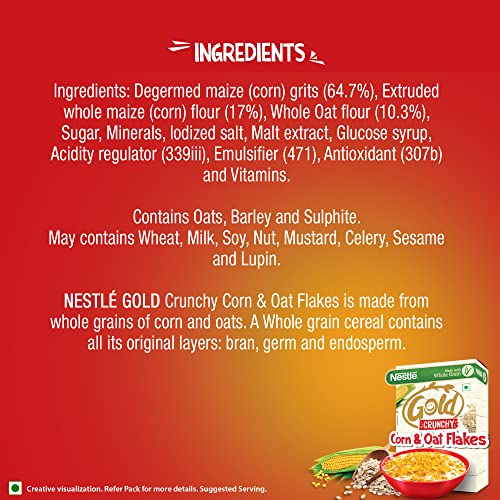 NESTLE GOLD Crunchy Oats & Corn Flakes, Breakfast Cereal with Immuno-Nutrients | Made with Whole Grains and the Goodness of B Vitamins, Calcium & Vitamin D, No Added Colours & Flavours, 850g