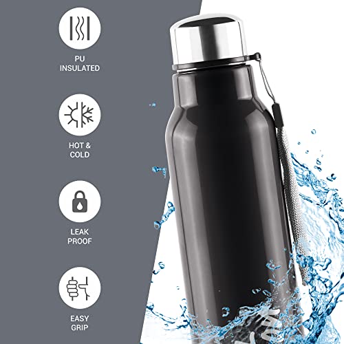 Milton Steel Fit 600 Inner Stainless Steel Water Bottle, 1 Piece, 520 ml, Black | Easy Grip | Leak Proof | Hot or Cold | School | Office | Gym | Hiking | Treking | Travel Bottle