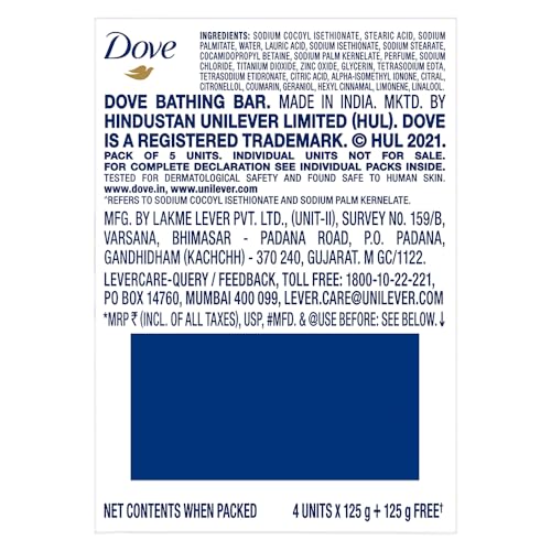 Dove Cream Beauty Bathing Soap Bar 125g (4+1 Free Combo) | With Moisturising Cream for Softer Skin & Body, Nourishes Dry Skin more than Ordinary Soap