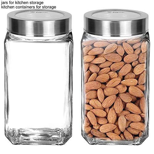 Vency Glass Square Shape Transparent Glass Jars & Containers for Kitchen Pantry, Snacks, Masala, Pickles, Dry Fruits, Coffee Beans Storage with Steel See Through Lid (Set Of 6) (1000ml Steel Cap)