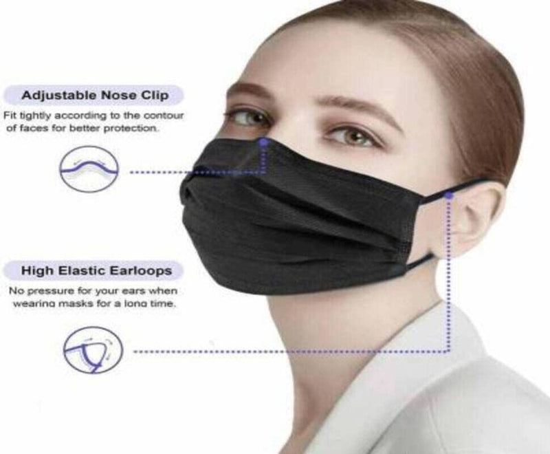 LIVYOR Non-Woven Fabric Disposable 3 Layer Surgical Face Mask With Nose Clip and Soft Ear Loops for Unisex (100, Black)