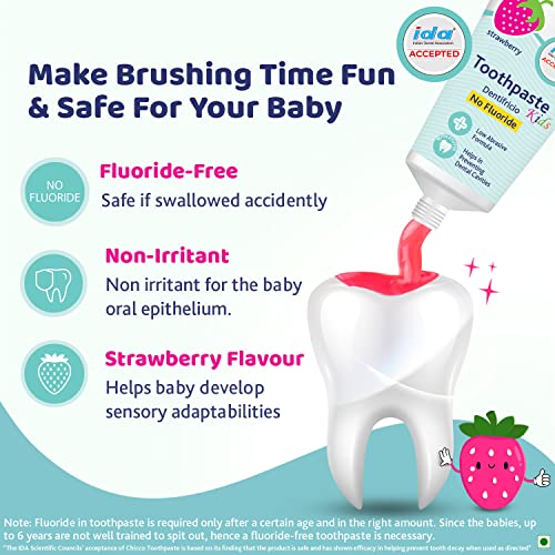 Chicco Toothpaste, Strawberry Flavour for 1Y to 6Y Baby, Fluoride-Free, Preservative-Free,Cavity Protection (50g)