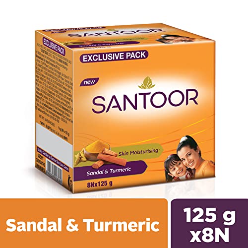 Santoor Sandalwood and Turmeric Bath Soap for Younger Looking and Glowing Skin, Combo Offer, 125 g (Pack of 8)