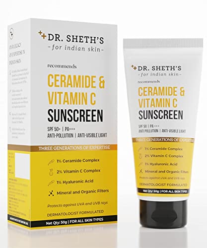 Dr. Sheth's Ceramide & Vitamin C Sunscreen SPF 50+ PA+++ | For Deep Moisturization | Non-Greasy, Quick-Absorbing | Zero White Cast | For Women & Men | UVA UVB Sun Protection | 50g
