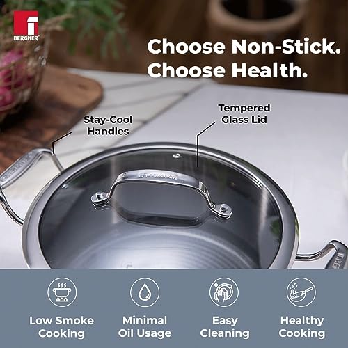 Bergner Hitech Triply Stainless Steel Cooking Casserole/Biryani Pot/Handi with Steel and Glass Lid, Non Stick Prism Technology, 20 cm Induction Bottom, Gas Ready, Metal Spatula Friendly