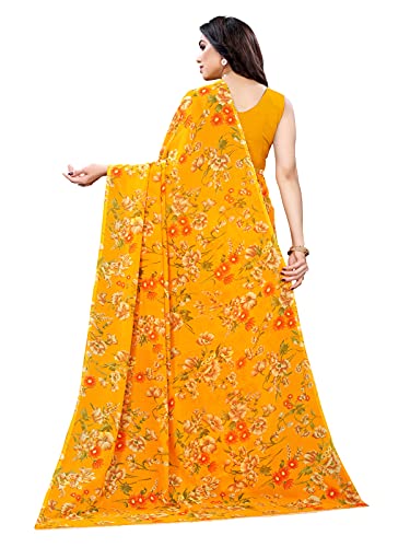 SIRIL Women's Floral Printed Georgette Saree with Blouse(2082S642_Yellow)