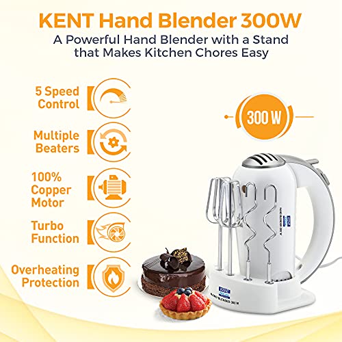 KENT 16051 Hand Blender 300 W | 5 Variable Speed Control | Multiple Beaters & Dough Hooks | Turbo Function