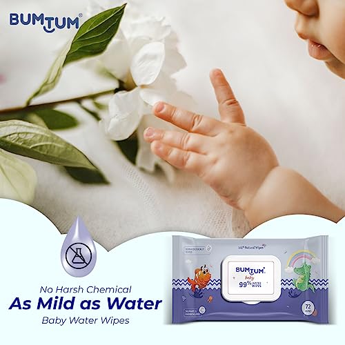 Bumtum Baby Gentle 99% Pure Water Soft Moisturizing Wet Wipes With Lid | Aloe Vera & Chamomile Extracts | Paraben & Sulfate Free (Pack of 3, 72 Pcs. Per Pack)