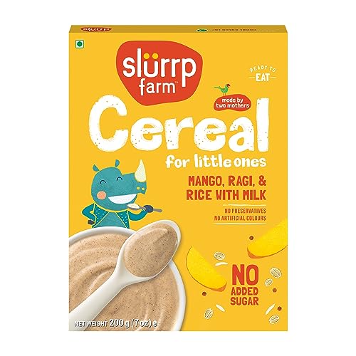 Slurrp Farm Cereal, Ragi, Rice and Mango with Milk, Instant Healthy Food, NO Sugar NO Salt, Made with Natural Grains and Dates Powder, 200 g