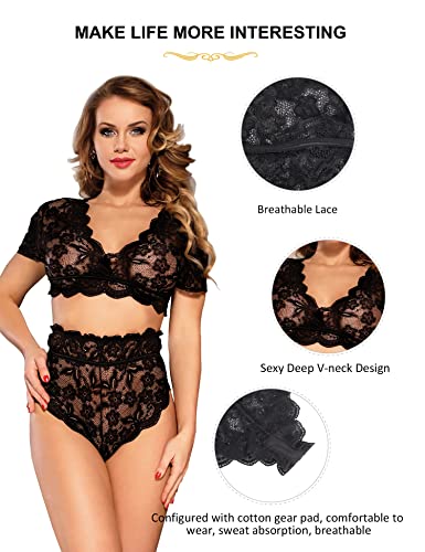 Elecurve Women Lace Lingerie Set 2 Piece Plus Size High Waist Bra & Panty Set Underwear (L-XL) Black