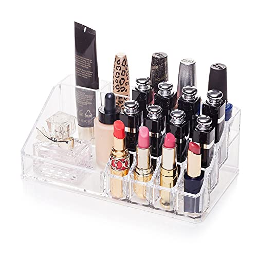 INOVERA (LABEL) Plastic 16 Compartment Cosmetic Display Cases Makeup Lipstick Storage Organizer Holder Box Case,Transparent (22L x 12.2W x 7.5H)