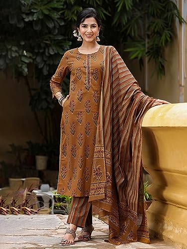 Vaamsi Women's Cotton Blend Floral Printed Straight Kurta Pant with Dupatta (VKSKD1242_Brown_4XL)