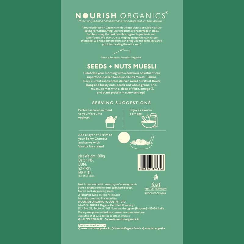 Nourish Organics Seeds and Nuts Muesli 300g Pack | Healthy and Nutritious Breakfast Cereals with Whole Nuts | No Refined Sugar | Clean Label