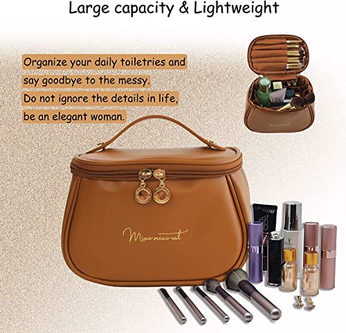 ARLICORPING Makeup Storage Bag, Portable Cosmetic Bag, PU Leather Multifunctional Vanity Bag for Makeup,Cosmetic Brush Case, Cosmetic Travel Bag for Women Organization Bag with Handle(Brown)