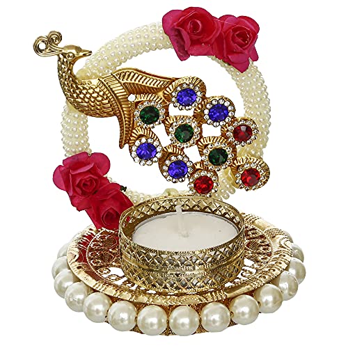 eCraftIndia Metal Peacock with Stones Handcrafted Tea Light Candle Holder for Diwali Festival, Home Decor, Table Decoration, Gift