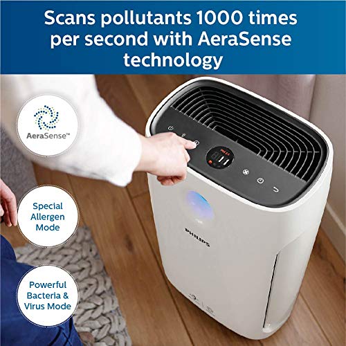 PHILIPS High Efficiency Air Purifier AC2887/20, Vitashield Intelligent Purification, removes 99.9% airborne viruses & bacteria, 99.97% airborne pollutants, HEPA filter, ideal for master bedroom, White, Standard