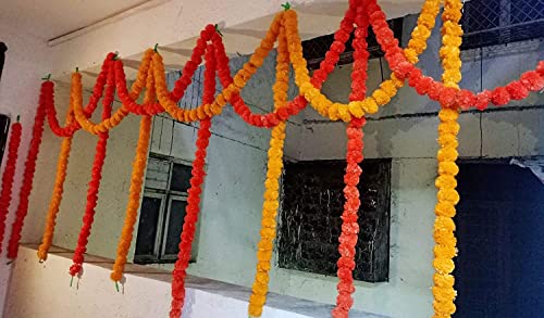 ABHAAS 10 Pcs Indian Handmade Artificial Marigold Garland Flowers for Decoration Long for Door Decoration Toran Genda Phool for Wedding/Festivals|5 Feet| 5 Yellow + 5 Orange|10 Strings