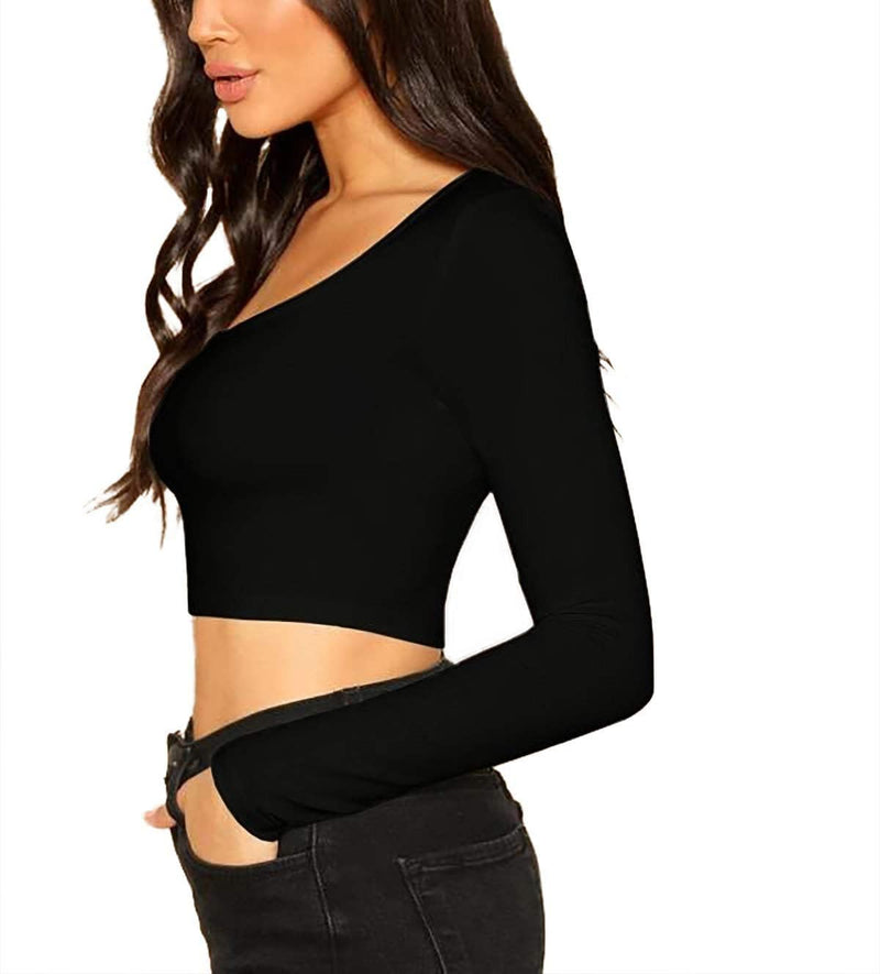 Basic Women's Sexy Top Black Scoop Neck Solid Tops Full Sleeve Blouse Crop Top for Women(XL, Black)