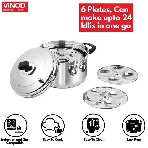 Vinod Stainless Steel Idli Pot/Idli Cooking Pot /6 Pcs Plates Induction Base Idly Maker Large /36 Cm (Makes Upto 24 Idli At A Time), Silver (36 X 23.5 X 23 Lxwxh), 1 Liter