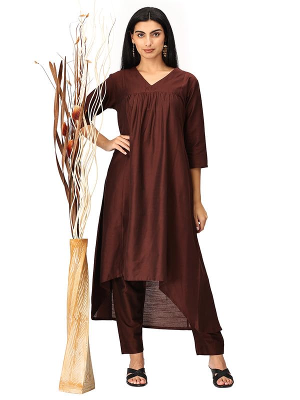 Inakshini Suhana Chocolate Brown High - Low Co-ord Set with V Neck and Straight Pants - XL